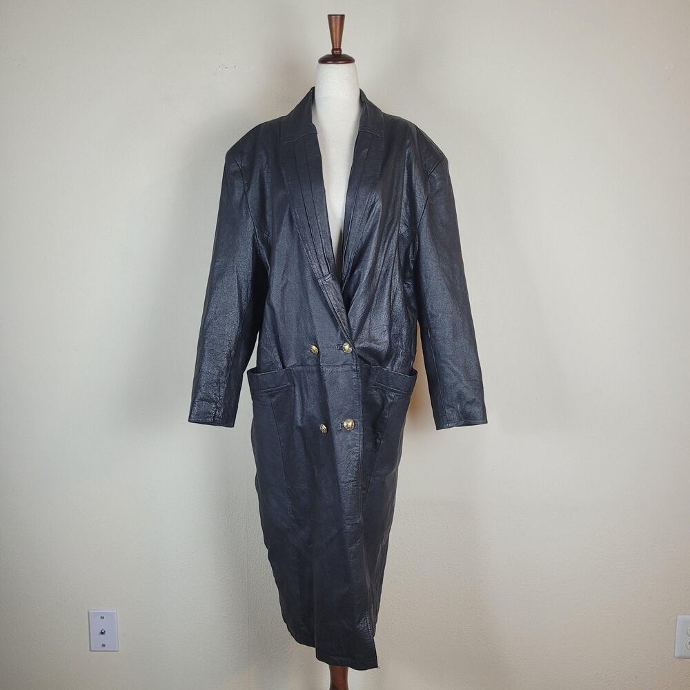 VTG‎ G III Leather Coat Medium Black Leather Long Double Breasted 90s Collared